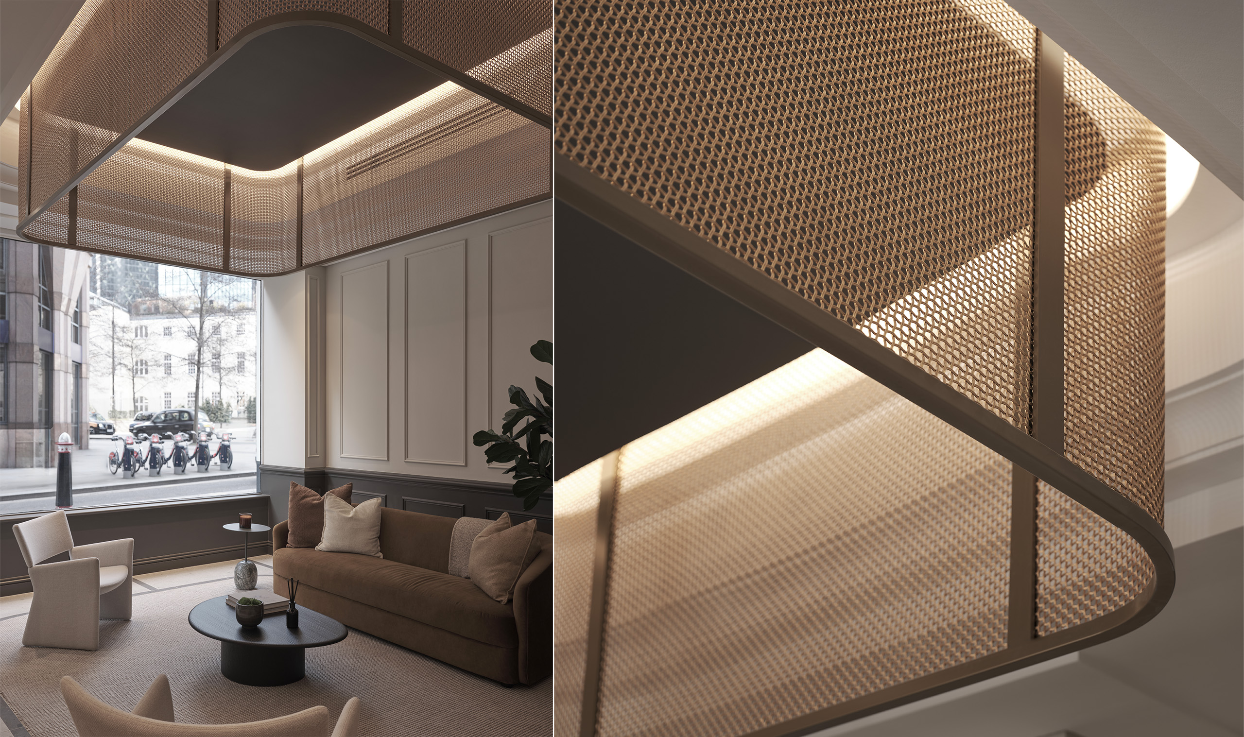M22-83 architectural woven wire mesh installed as a ceiling feature M22-83 architectural woven wire mesh installed as a ceiling feature