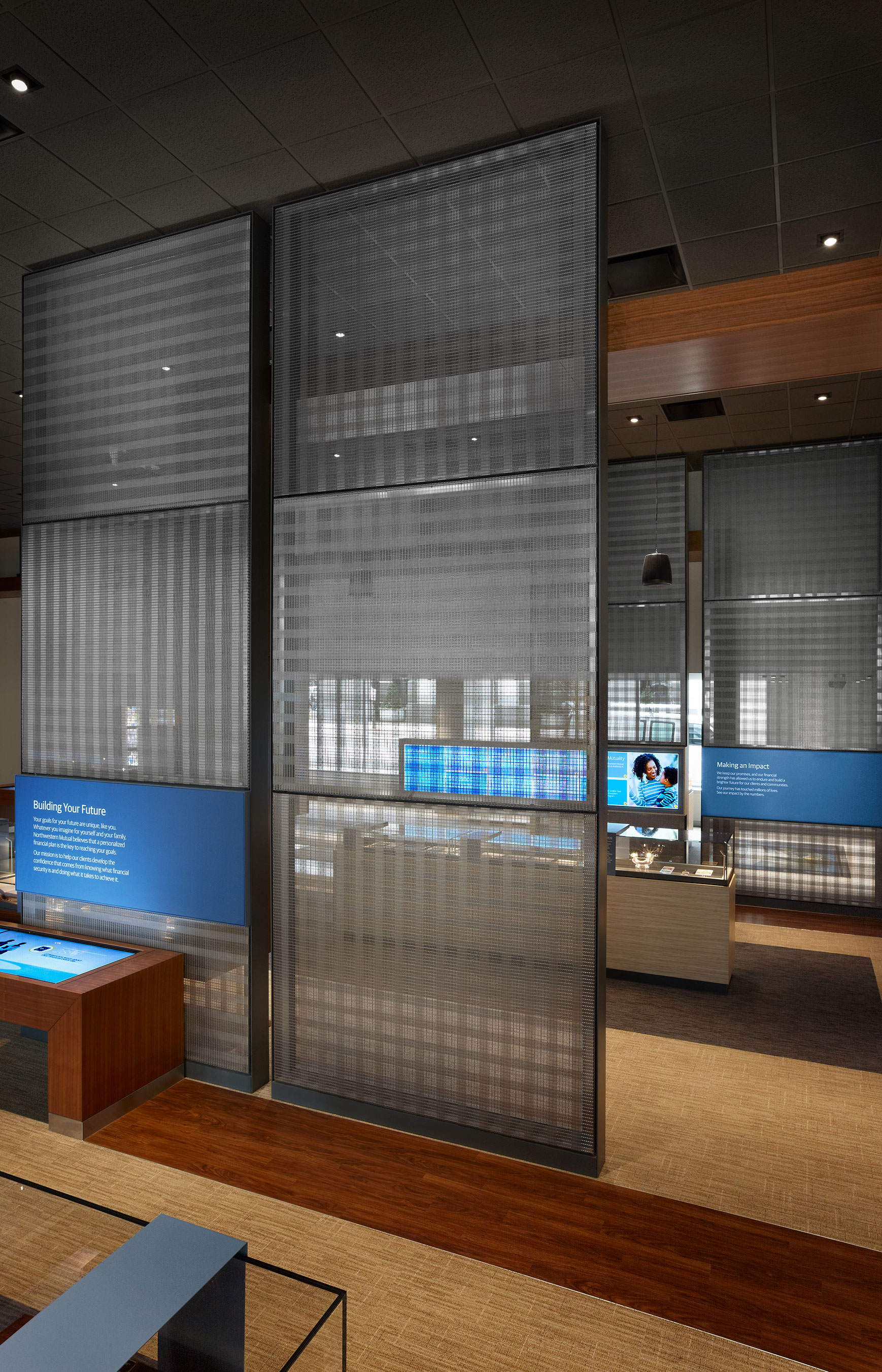 The public exhibit features Banker Wire's  PFZ-53 wire mesh in stainless steel. 