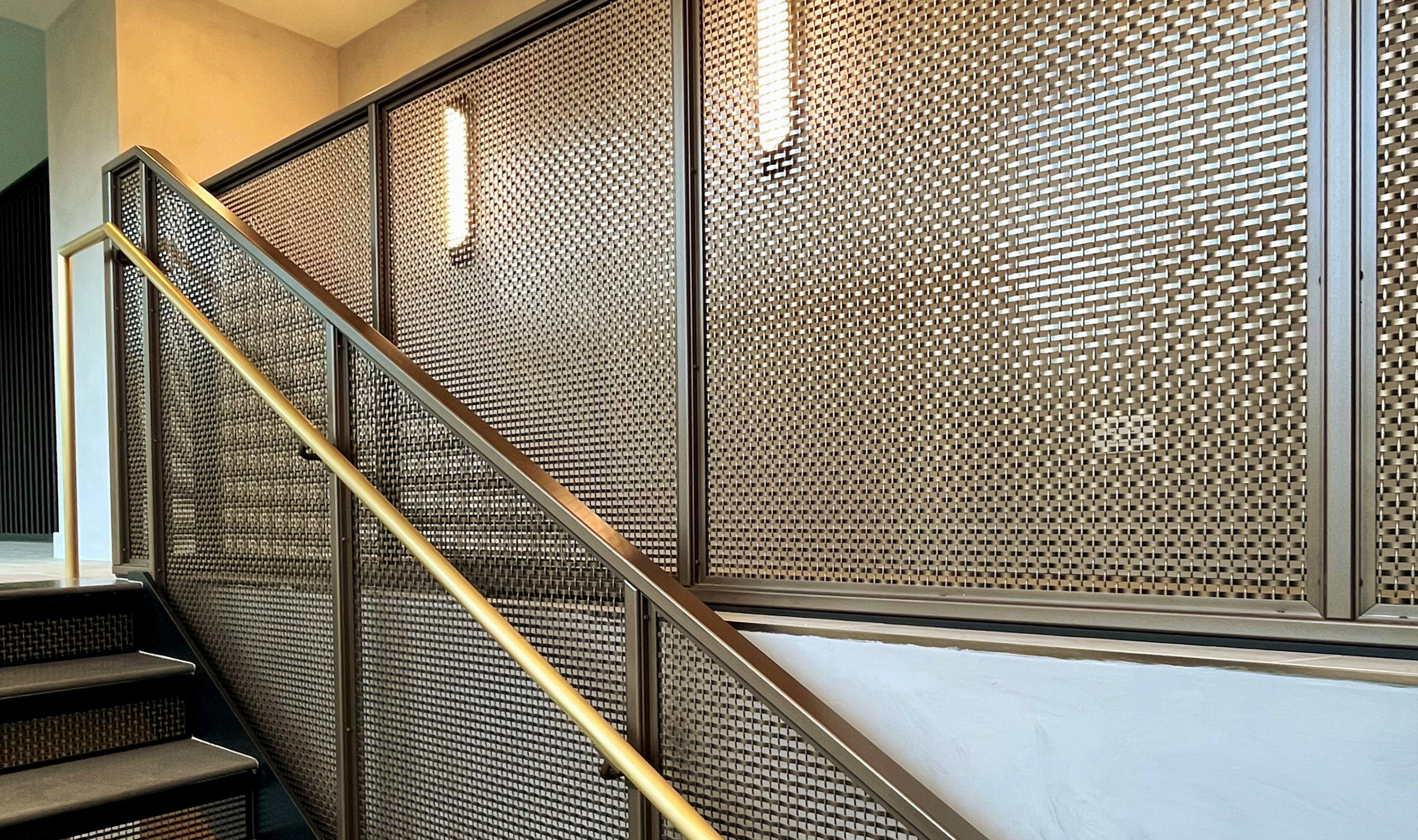 SZ-14 Woven Wire Mesh in Plated Antique Brass as Handrail Infill Panel SZ-14 Woven Wire Mesh in Plated Antique Brass as Handrail Infill Panel