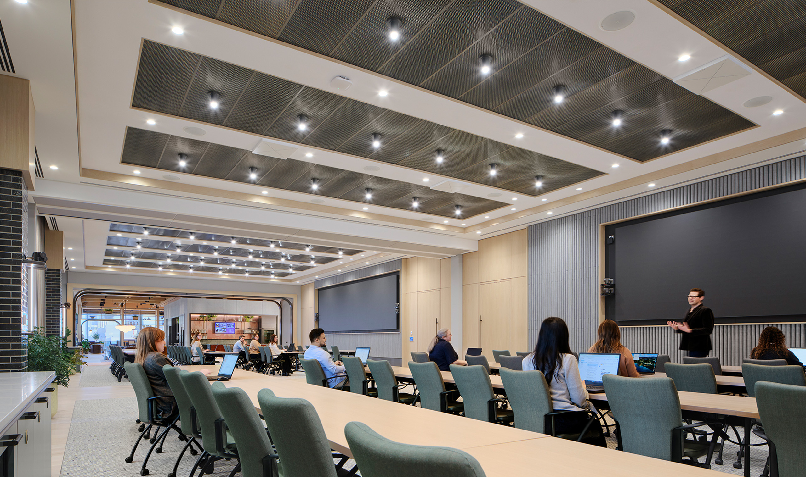 SZ-14 decorative woven wire mesh in plated antique brass finish installed as decorative ceiling tiles for a conference center SZ-14 decorative woven wire mesh in plated antique brass finish installed as decorative ceiling tiles for a conference center