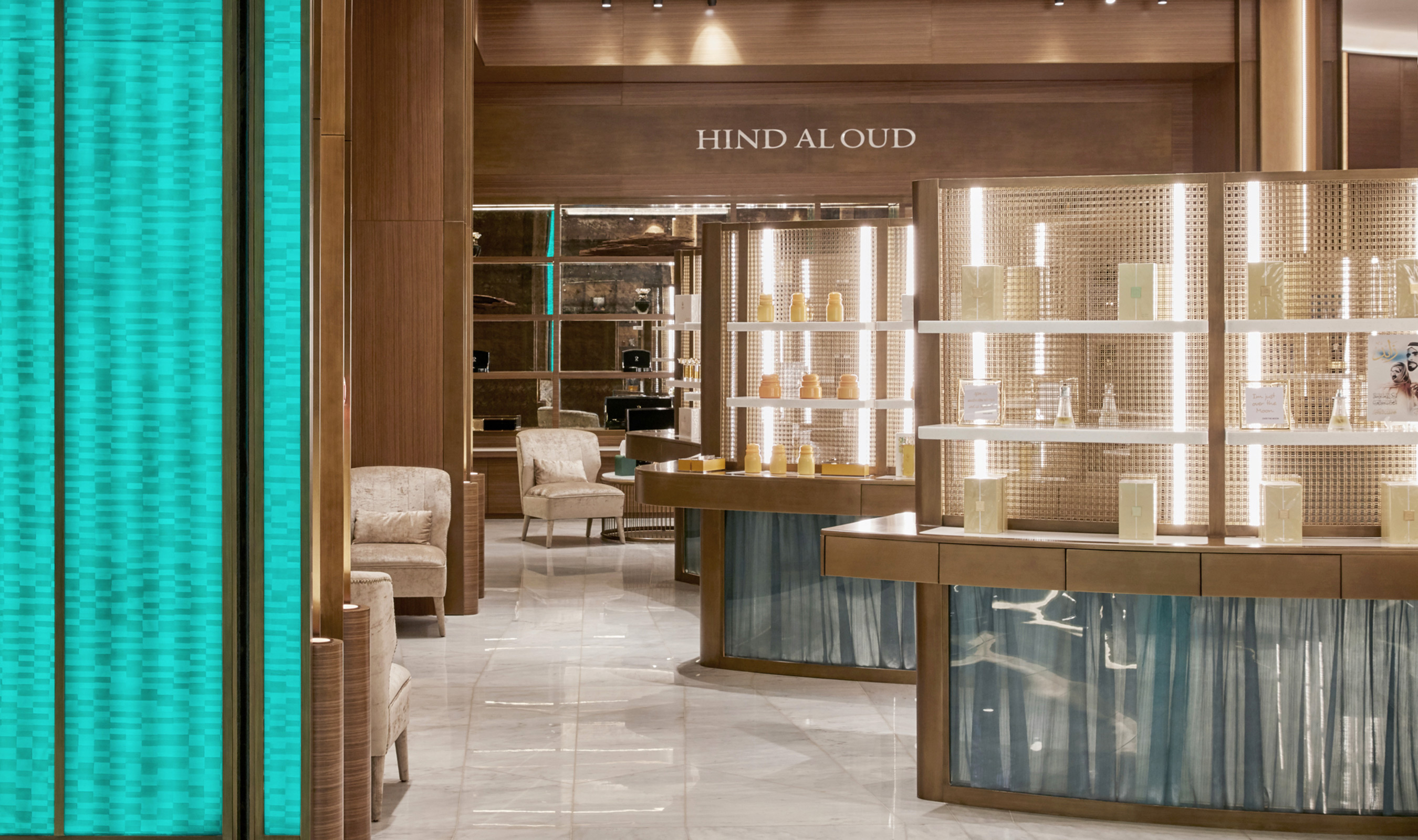 Banker Wire's M22-22 woven wire mesh in brass is used as retail displays in HOB, Dalma Mall in Abu Dhabi.
