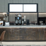 Coffee Shop Backsplash featuring Banker TXZ-3 Architectural Wire Mesh in Plated Antique Brass