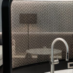 Coffee Shop Backsplash featuring Banker TXZ-3 Architectural Wire Mesh in Plated Antique Brass