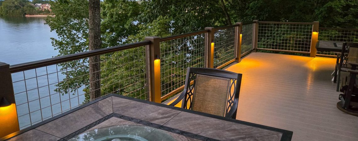 Welded wire mesh railing installed on a residential deck, showcasing Banker Wire’s durable and stylish solution for DIY homeowners.