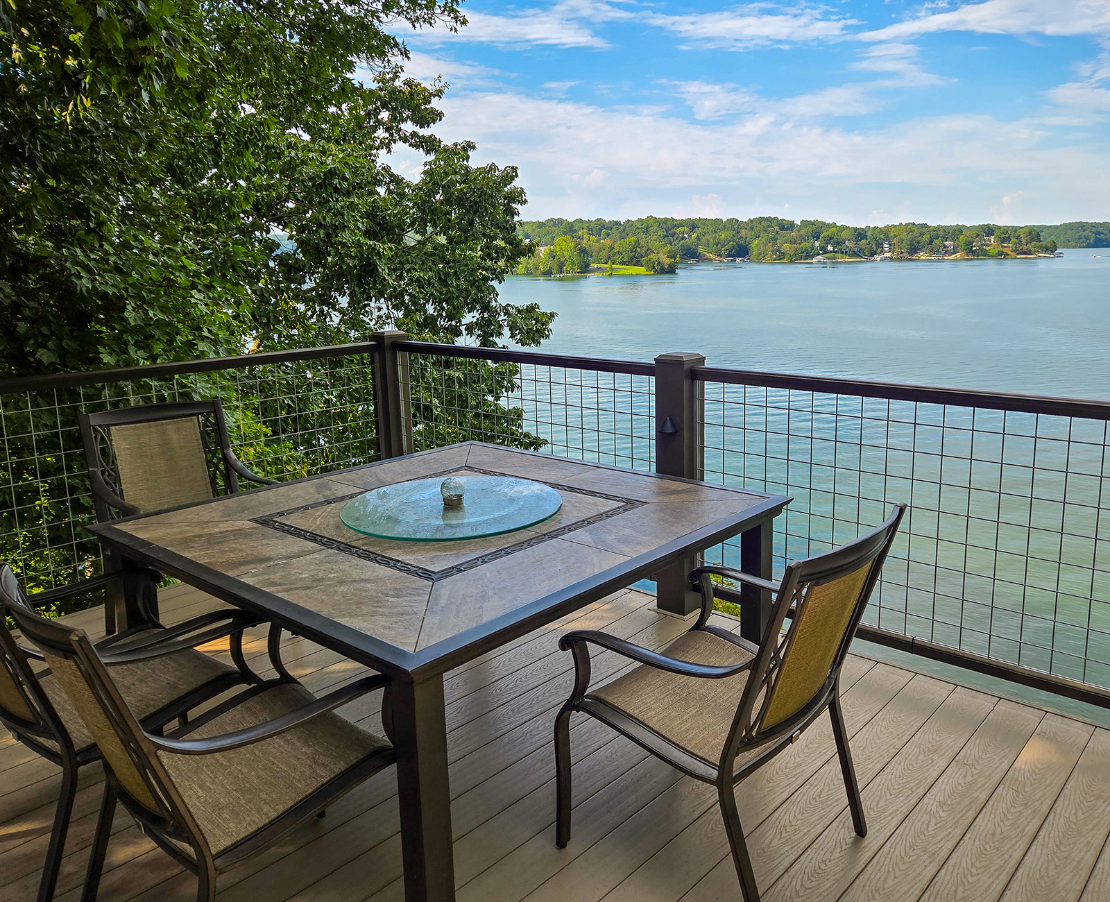 Welded wire mesh railing installed on a residential deck, showcasing Banker Wire’s durable and stylish solution for DIY homeowners.
