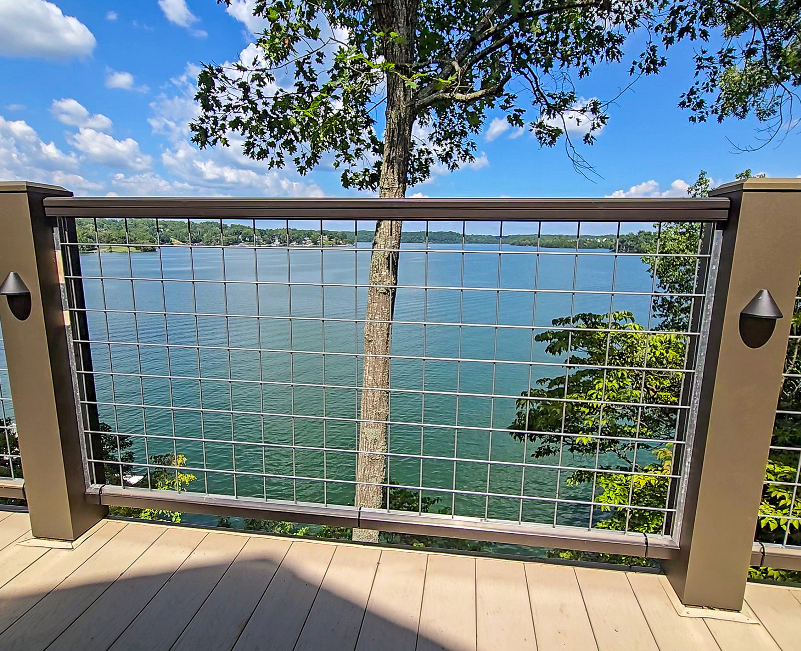 Close-up of welded wire mesh deck railing with industrial design, perfect for DIY outdoor projects and low-maintenance living.