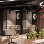 Woven wire mesh space dividers in Banker LPZ-71 create semi‑private seating booths at 58 Mosley Street, adding to the collaborative workplace atmosphere.