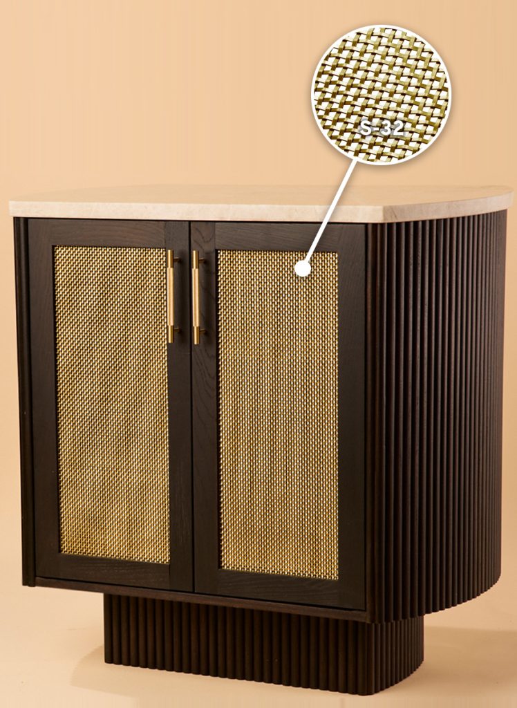 Brass woven wire mesh installed as a cabinet door infill panel Brass woven wire mesh installed as a cabinet door infill panel