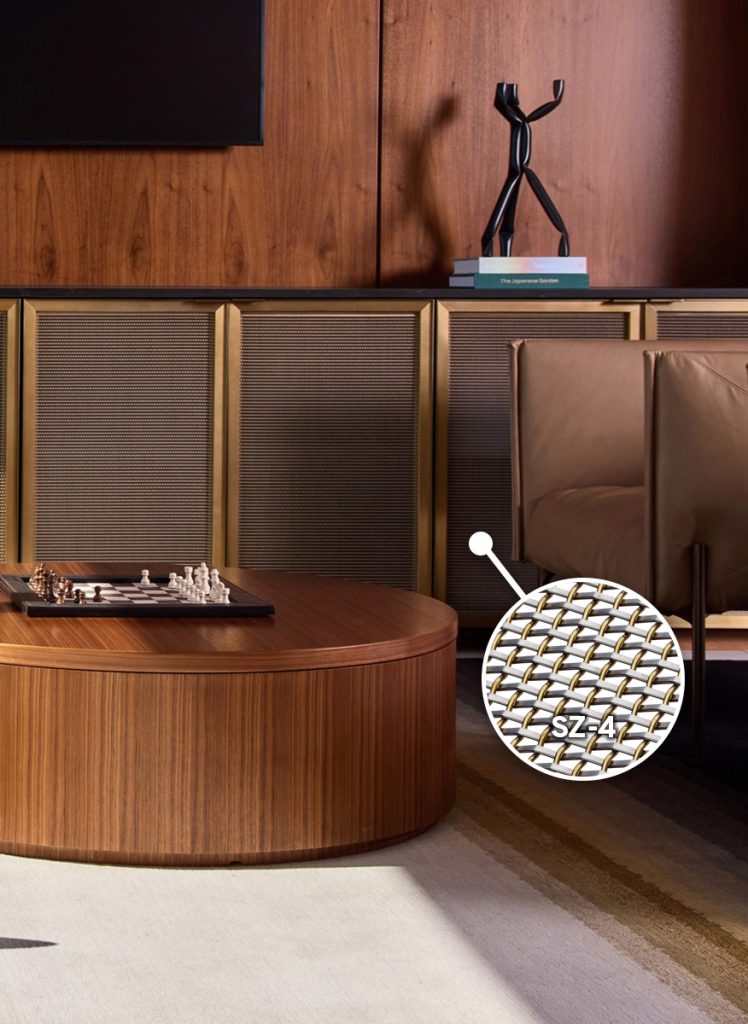 Woven wire mesh installed as cabinetry infill panels in a corporate setting. Woven wire mesh installed as cabinetry infill panels in a corporate setting.
